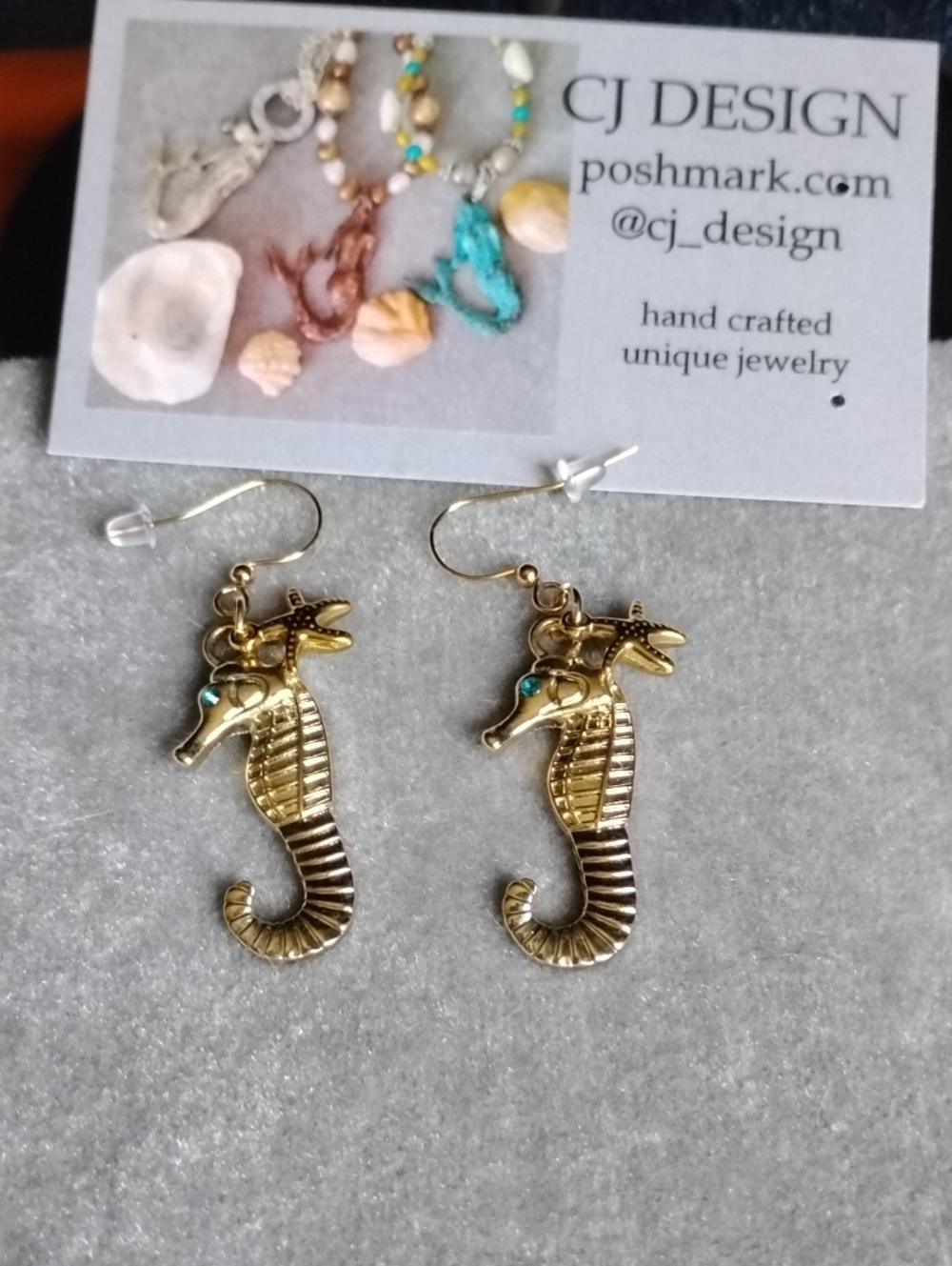 Gold Seahorse Earrings with Turquoise Accent - Picture 1 of 6